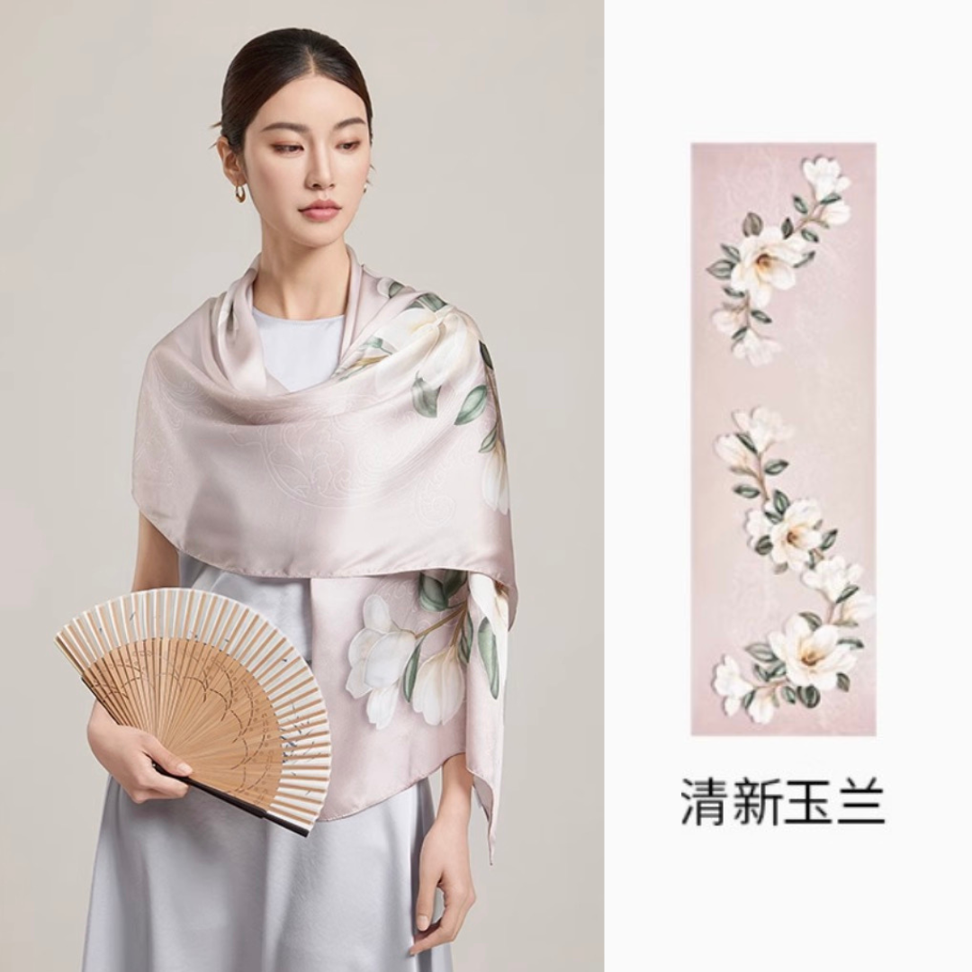 Whispering Magnolia Mulberry Silk Scarf (170x53cm)