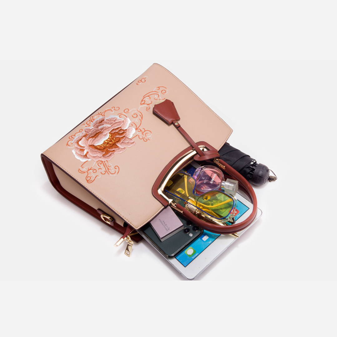 Tang Red 29 Embroidered-Peony Tote III