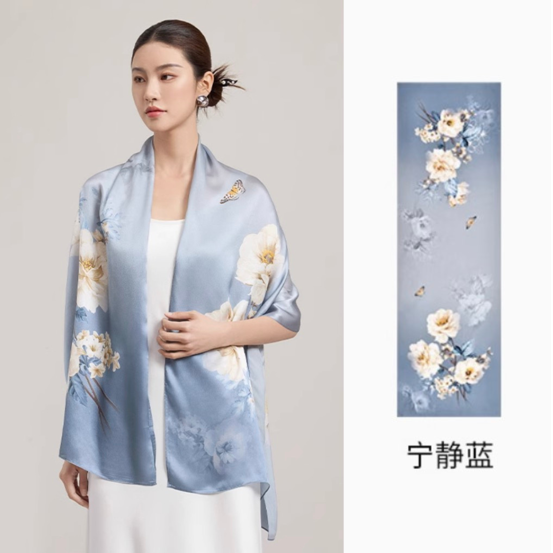 Twilight Camellia Mulberry Silk Scarf  (170x53cm)