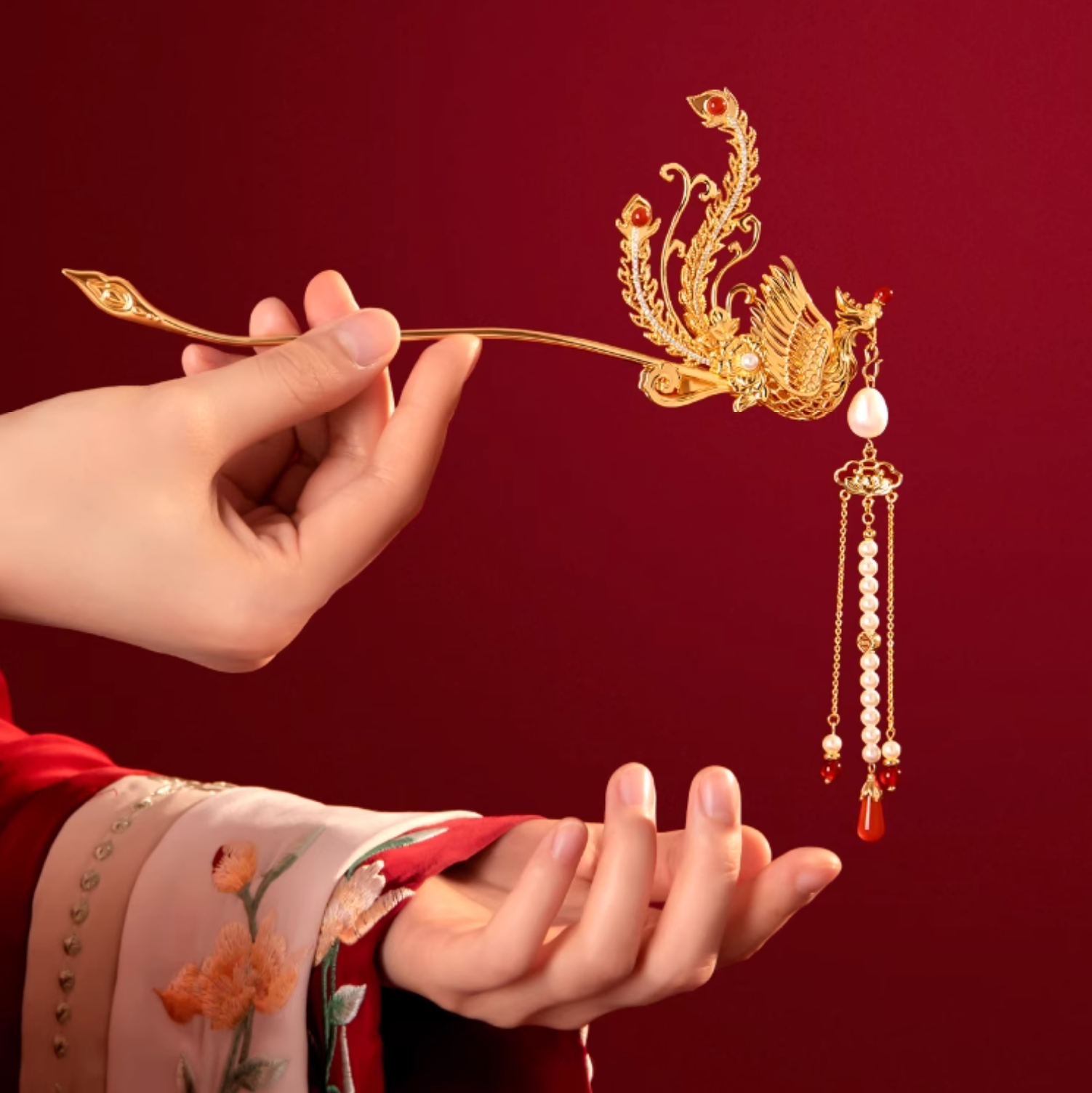 Phoenix Hairpin, Gold Plated Pearl Tassel | Tang Heritage