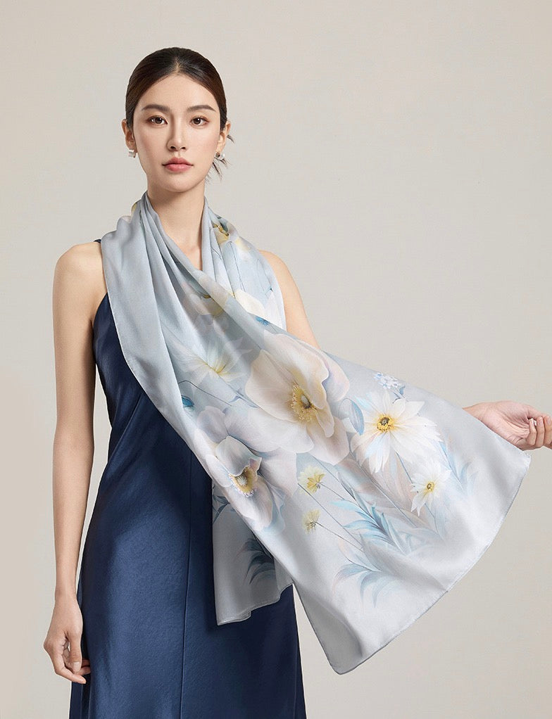 Winter Bloom Mulberry Silk Scarf (170x53cm)