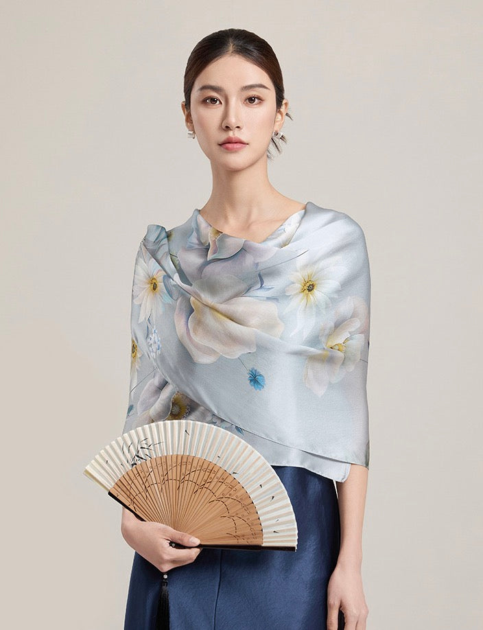 Winter Bloom Mulberry Silk Scarf (170x53cm)