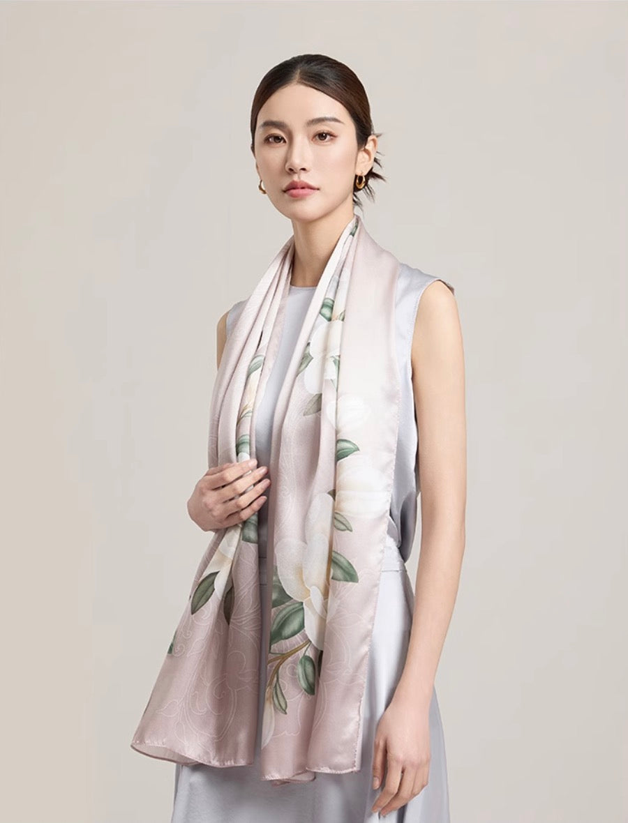Whispering Magnolia Mulberry Silk Scarf (170x53cm)