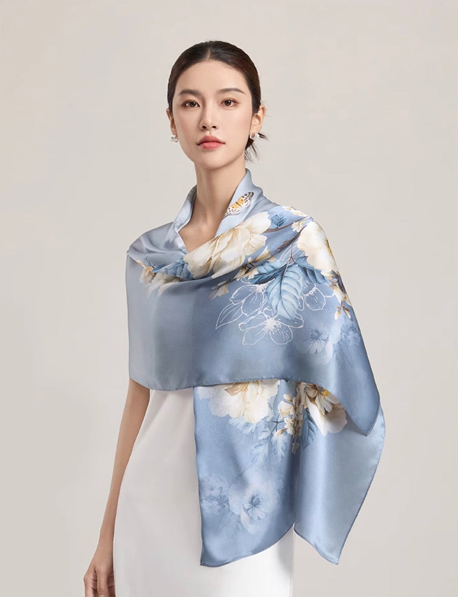 Twilight Camellia Mulberry Silk Scarf  (170x53cm)