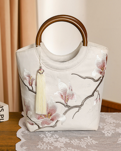 Tang Bloom Magnolia Bamboo-Handle Bag