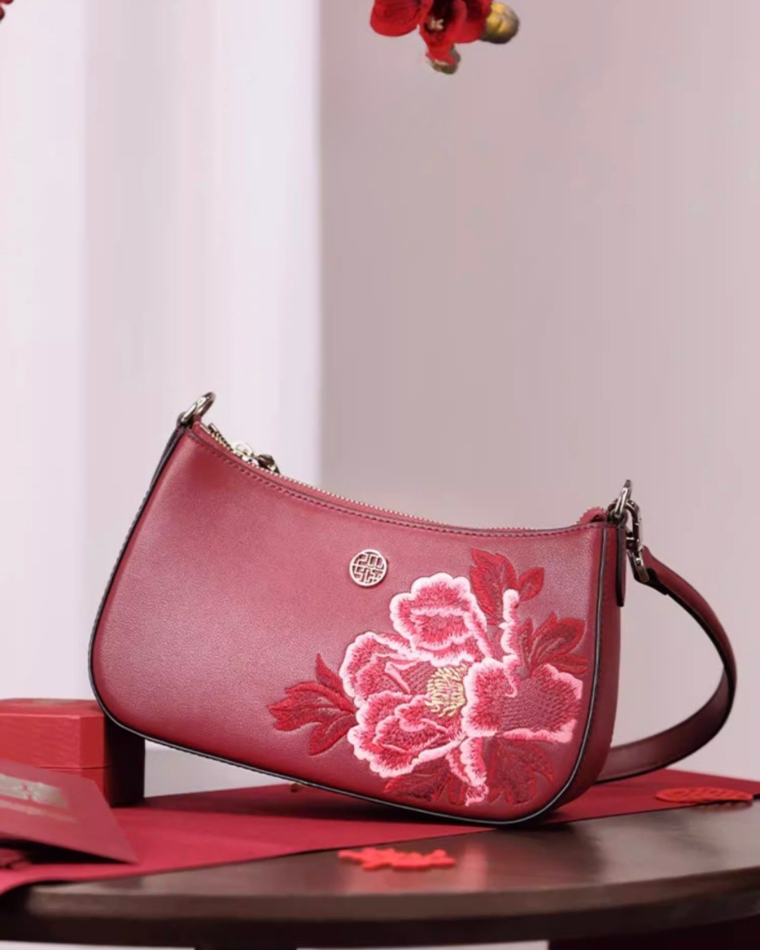 Tang Red 24 Embroidered Peony Shoulder Bag