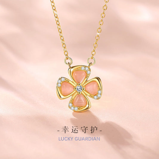 Lucky Clover Pink Cat's Eye Jewellery Set