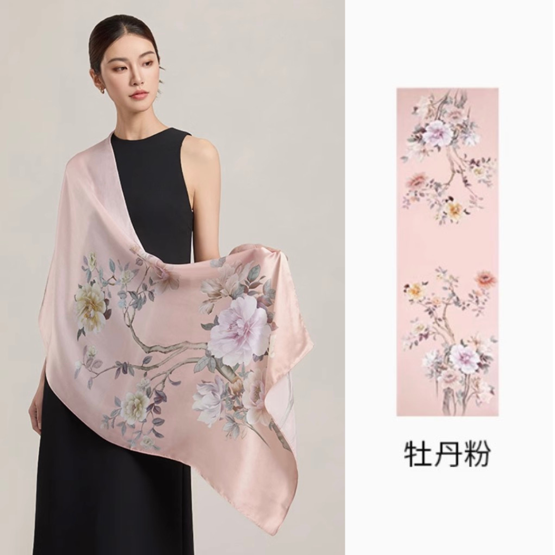 Melody of Peonies Mulberry Silk Scarf (170x53cm)