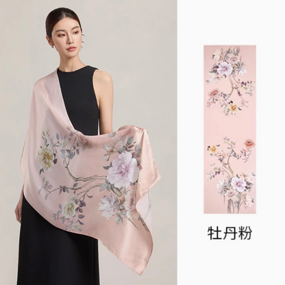 Melody of Peonies Mulberry Silk Scarf (170x53cm)