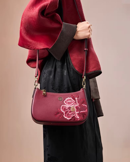 Tang Red 24 Embroidered Peony Shoulder Bag
