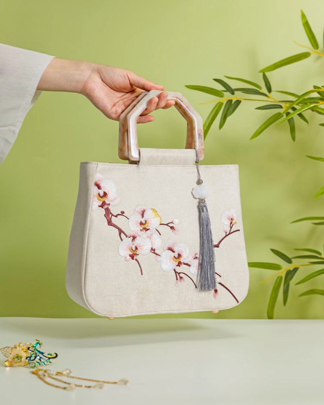 Tang Bloom Orchid Top-Handle Bag