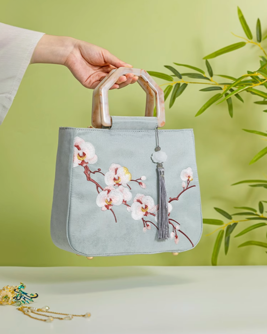 Tang Bloom Orchid Top-Handle Bag