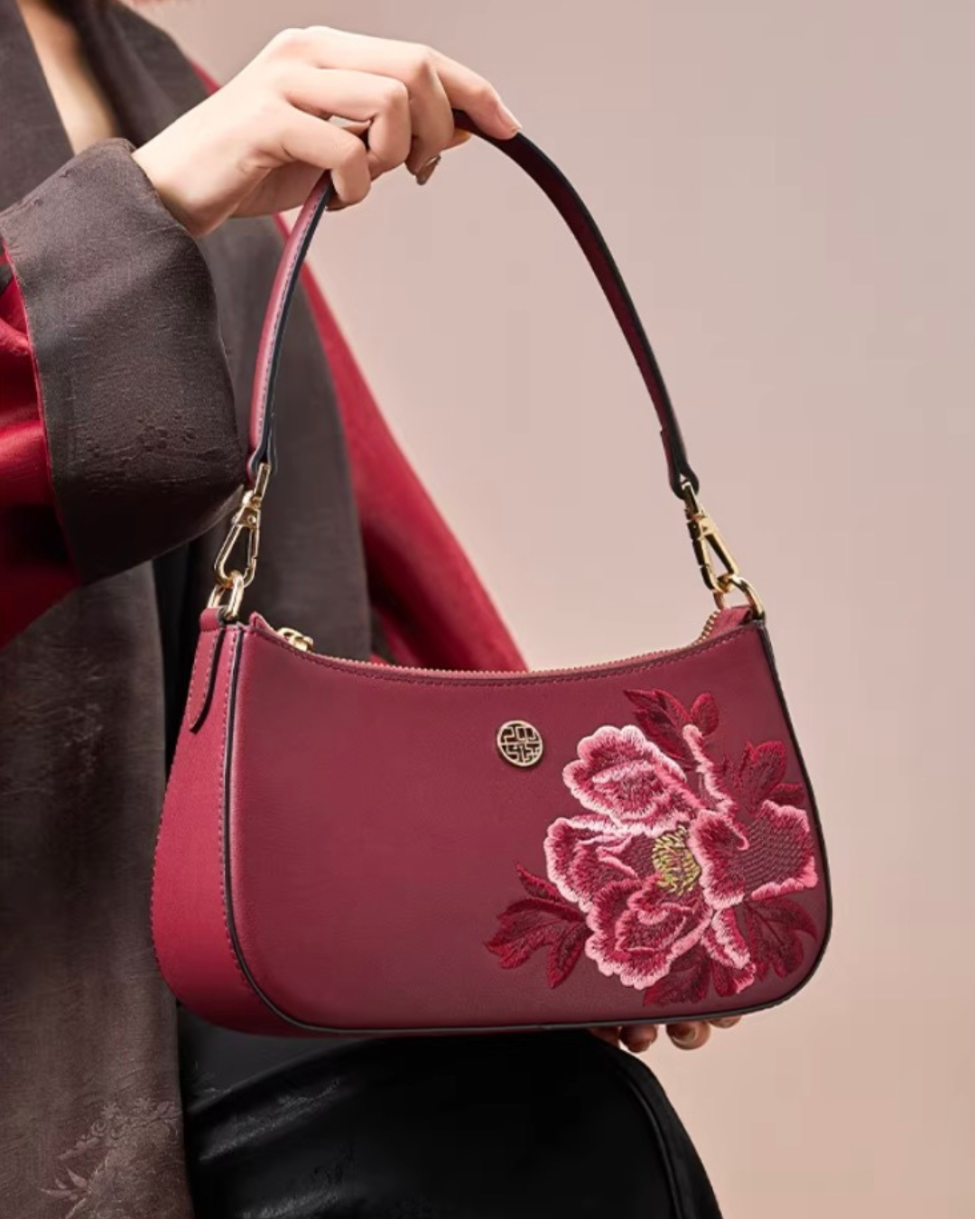 Tang Red 24 Embroidered Peony Shoulder Bag