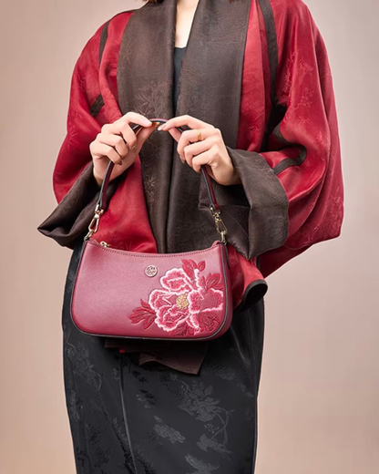 Tang Red 24 Embroidered Peony Shoulder Bag
