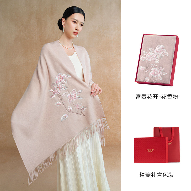 Peony in Bloom Embroidered Wool Scarf / Shawl