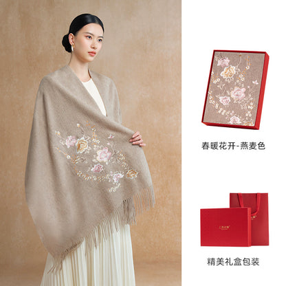 Spring in Bloom Embroidered Wool Scarf / Shawl