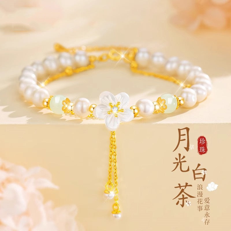 White Camellia Pearl & Jade Bracelet