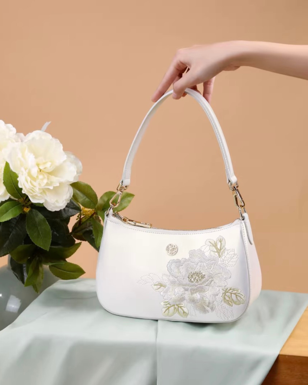 Tang Red 24 Embroidered Peony Shoulder Bag
