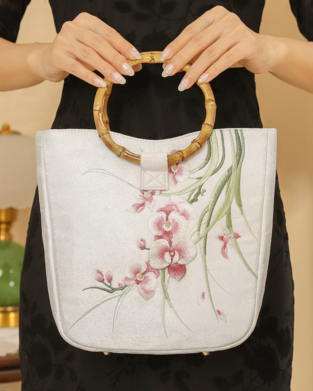 Tang Bloom Orchid Bamboo-Handle Bag