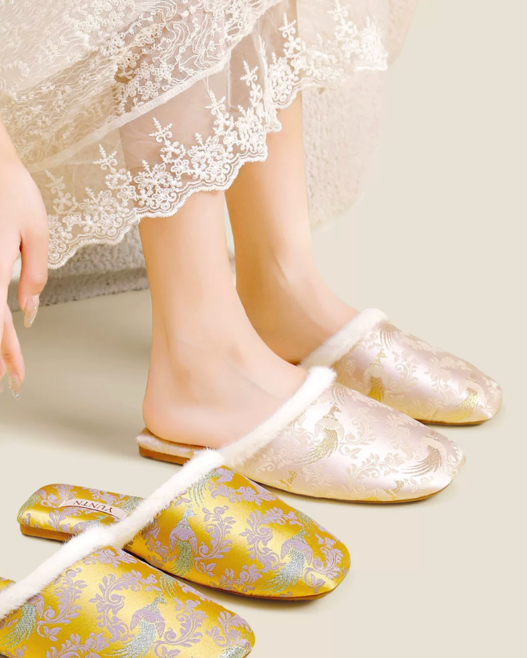 Golden Peacock Luxury Satin Women Indoor Slipper