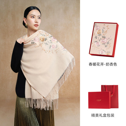 Spring in Bloom Embroidered Wool Scarf / Shawl