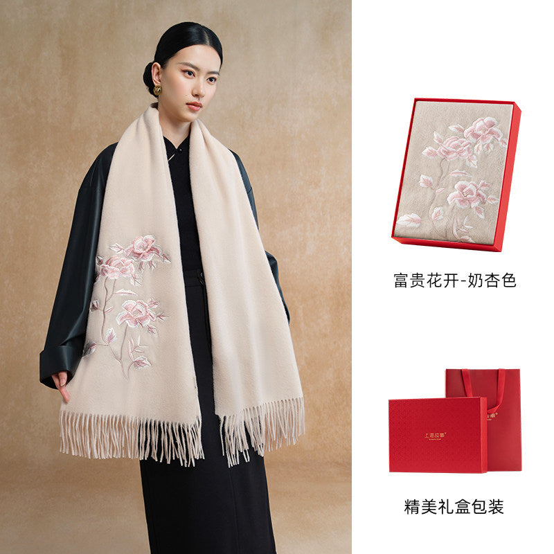 Peony in Bloom Embroidered Wool Scarf / Shawl