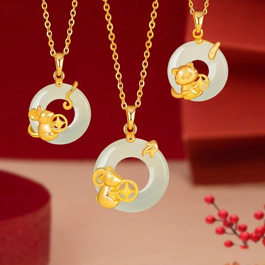 Fire Goat 2027 Jade Peace Buckle Zodiac Charm Necklace