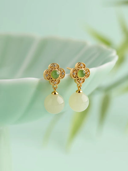 Verna White Jade Clover Drop Earrings