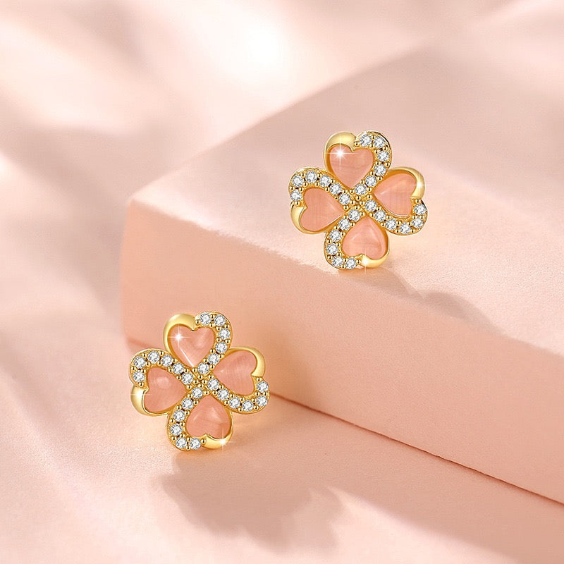 Lucky Clover Pink Cat's Eye Jewellery Set