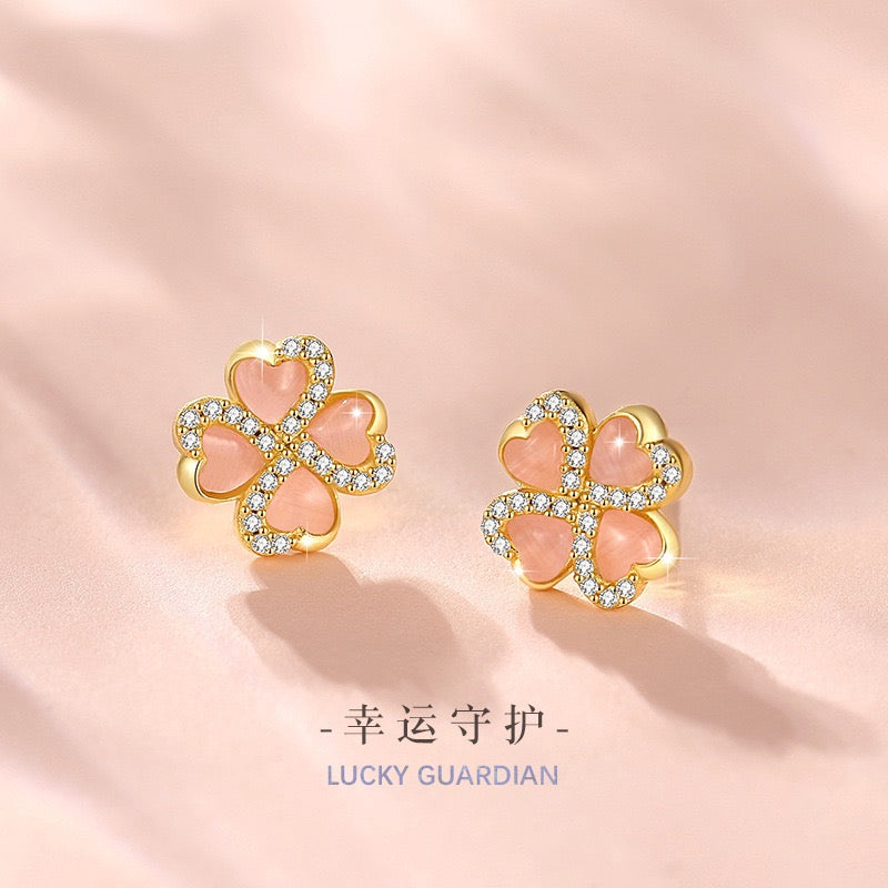 Lucky Clover Pink Cat's Eye Jewellery Set