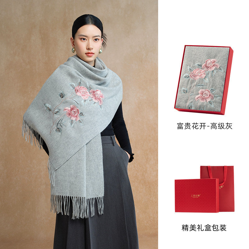 Peony in Bloom Embroidered Wool Scarf / Shawl