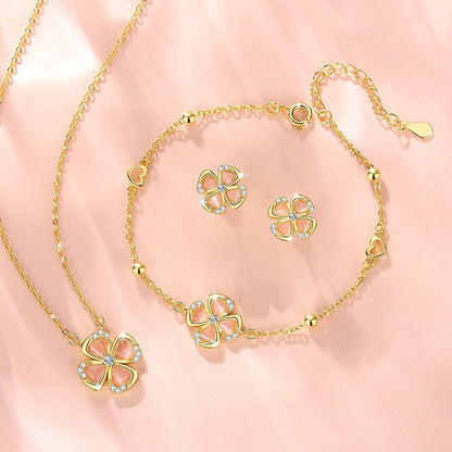 Lucky Clover Pink Cat's Eye Jewellery Set