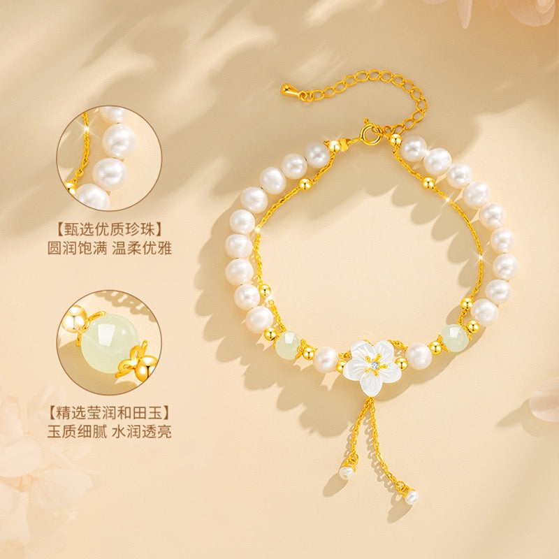 White Camellia Pearl & Jade Bracelet