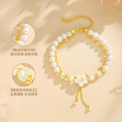 White Camellia Pearl & Jade Bracelet