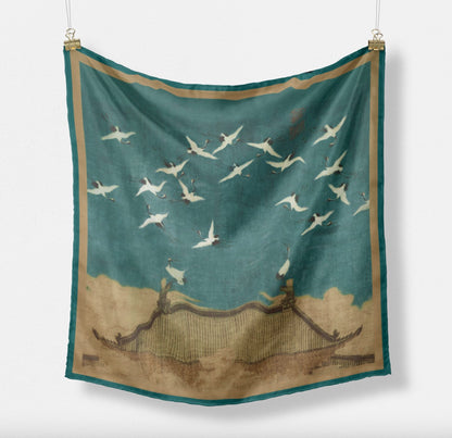 "Auspicious Cranes" Heritage Artwork Silk Scarf
