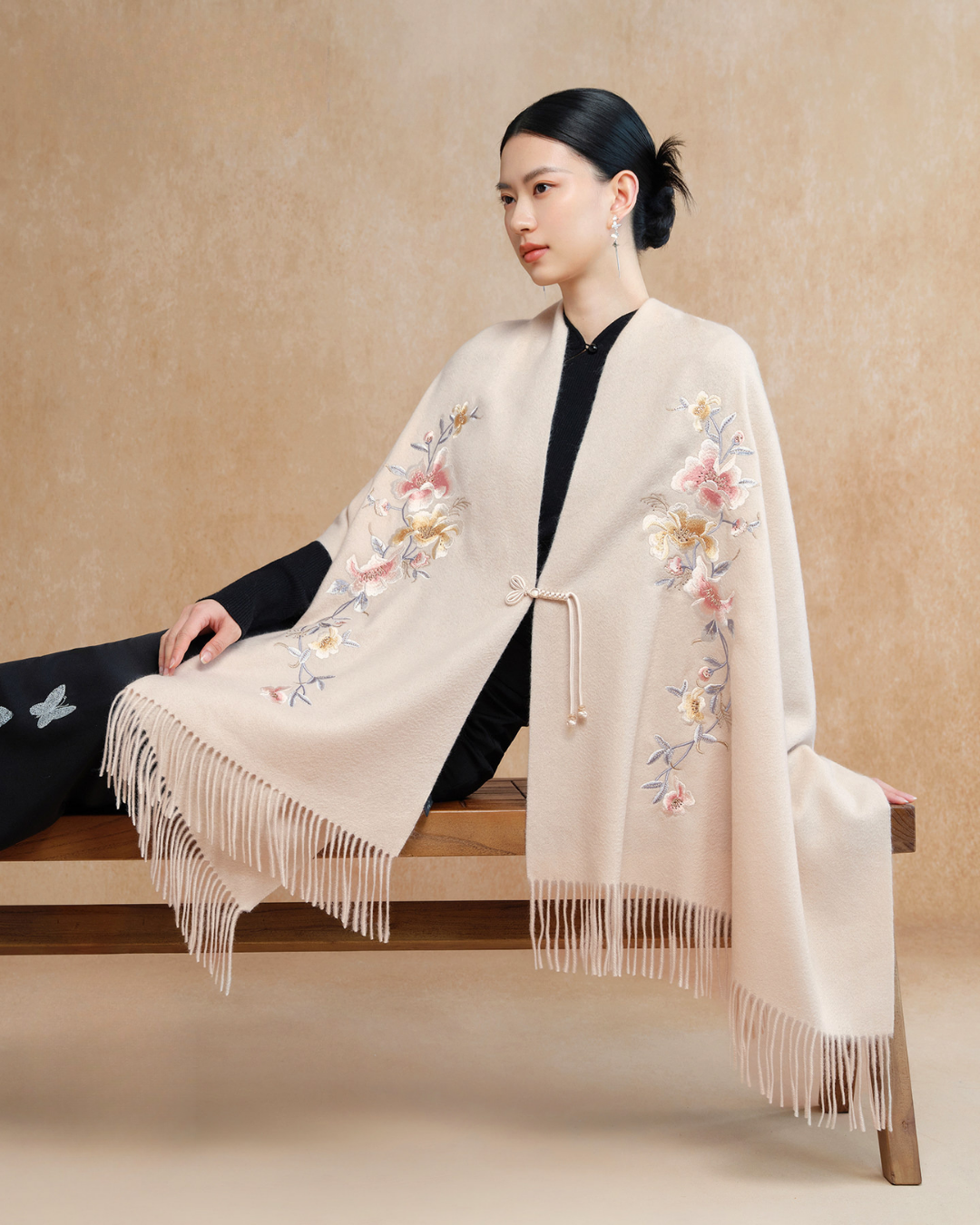 Auspicious Blossoms Bead-Embroidered Wool Scarf / Shawl