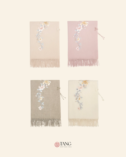 Auspicious Blossoms Bead-Embroidered Wool Scarf / Shawl