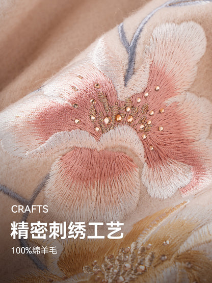 Auspicious Blossoms Bead-Embroidered Wool Scarf / Shawl
