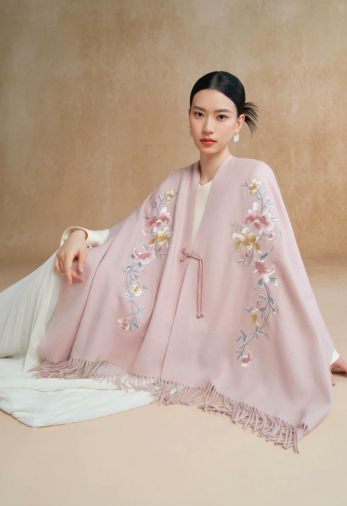 Auspicious Blossoms Bead-Embroidered Wool Scarf / Shawl