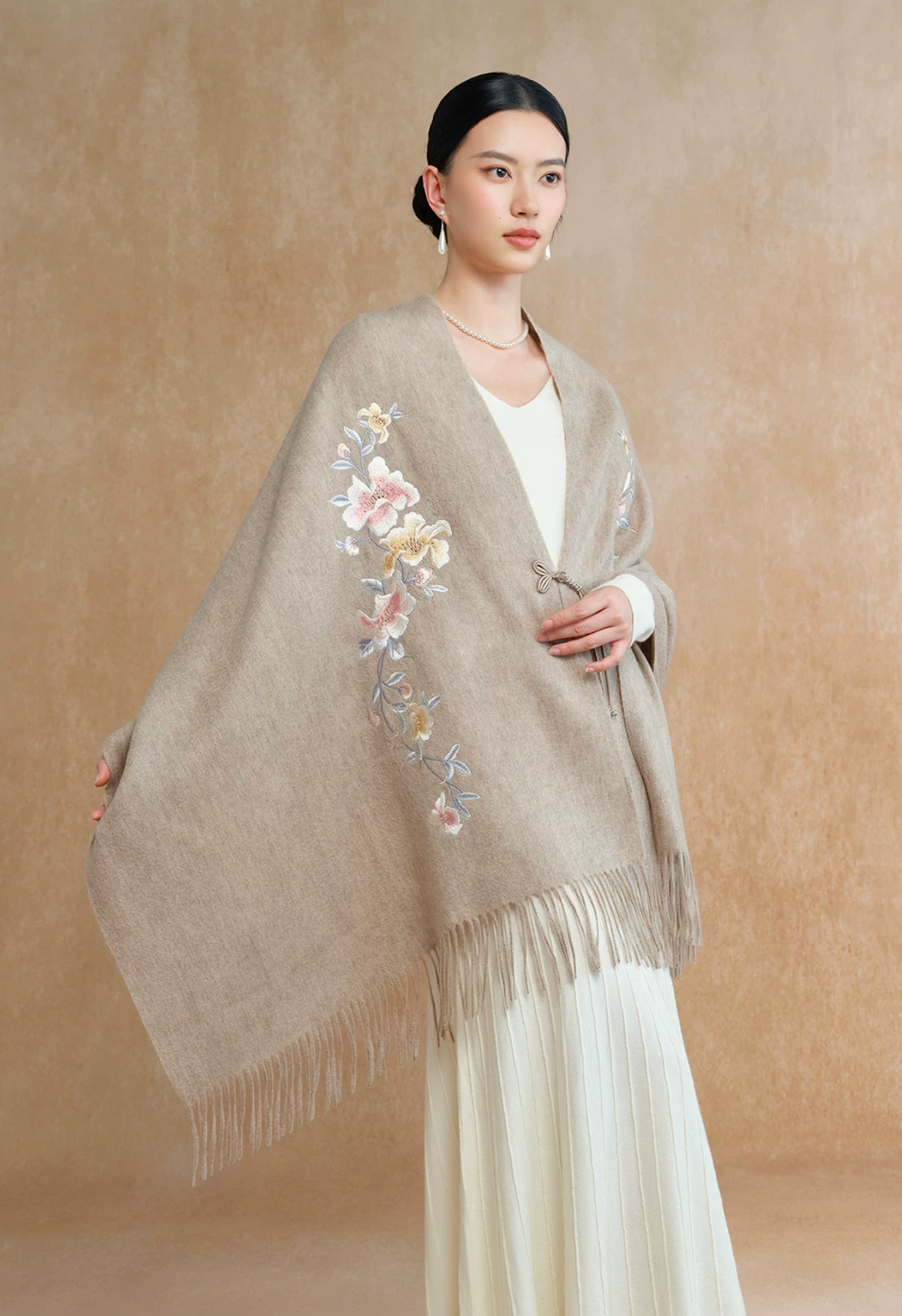 Auspicious Blossoms Bead-Embroidered Wool Scarf / Shawl