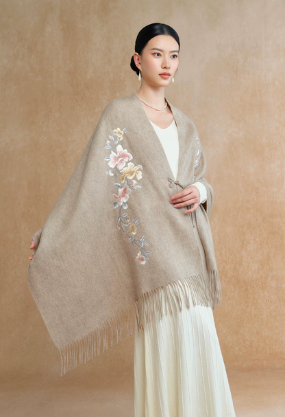 Auspicious Blossoms Bead-Embroidered Wool Scarf / Shawl