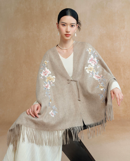 Auspicious Blossoms Bead-Embroidered Wool Scarf / Shawl