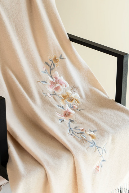 Auspicious Blossoms Bead-Embroidered Wool Scarf / Shawl