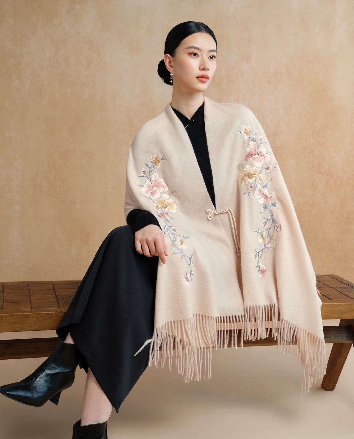 Auspicious Blossoms Bead-Embroidered Wool Scarf / Shawl