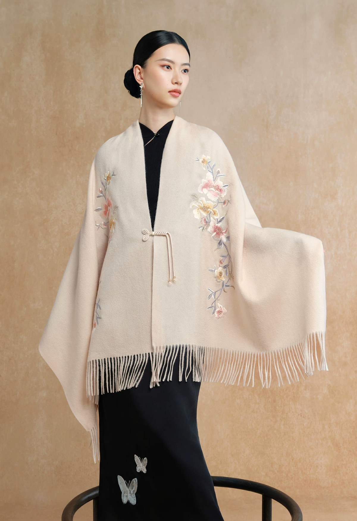 Auspicious Blossoms Bead-Embroidered Wool Scarf / Shawl