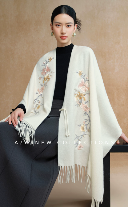 Auspicious Blossoms Bead-Embroidered Wool Scarf / Shawl