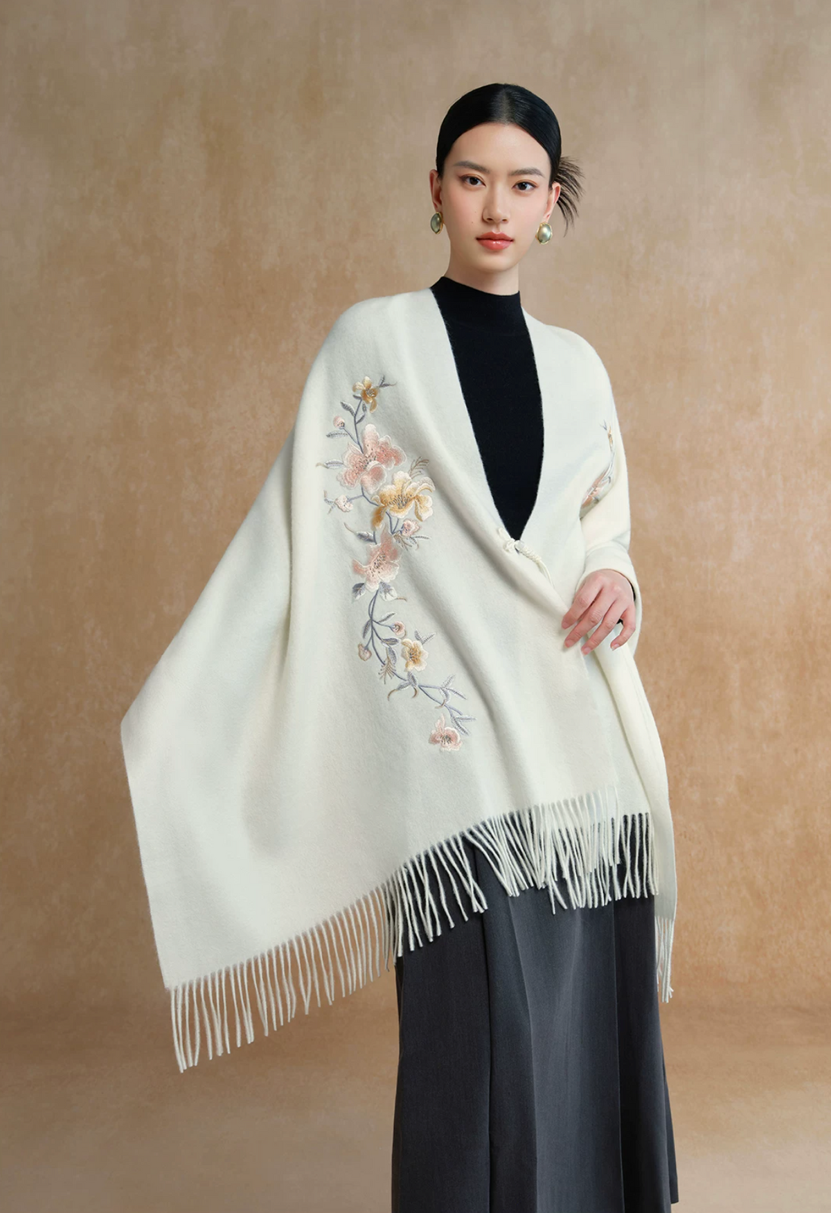 Auspicious Blossoms Bead-Embroidered Wool Scarf / Shawl