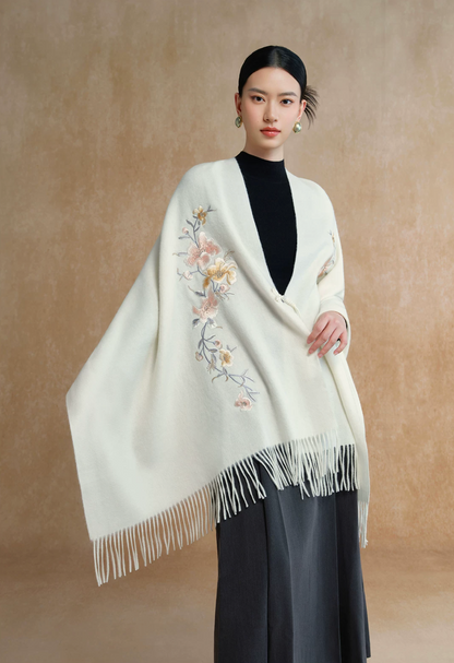 Auspicious Blossoms Bead-Embroidered Wool Scarf / Shawl