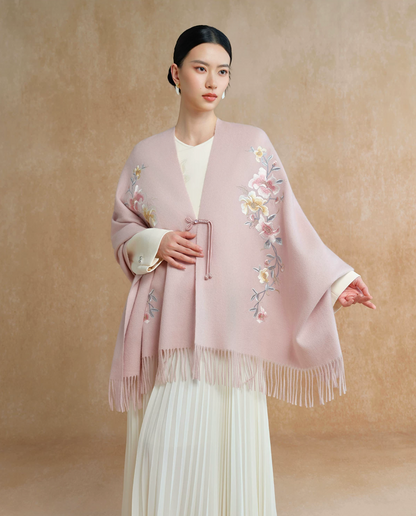 Auspicious Blossoms Bead-Embroidered Wool Scarf / Shawl