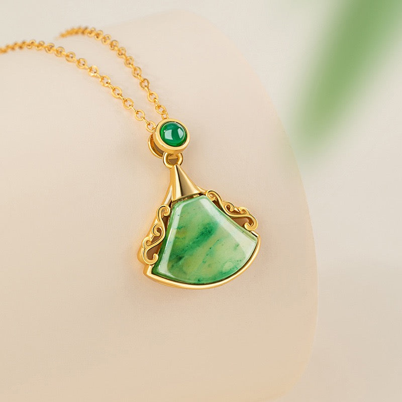 Mountain Mist African Jade Ruyi Fan Necklace